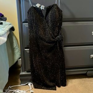 Black and gold strapless party dress